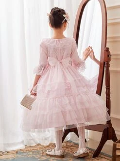 Lace Princess Collar Elegant Court Style Collar Bowknot Decorated Lace Middle Sleeve Ruffle Hem Sweet Lolita Kids Dress -NAUS Lolita Shop 6 500x672 988