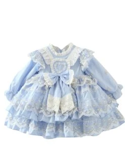 Blue Round Neck Love Polka Dot Lace Decoration Elegant Love Bow-Knot Decoration Design Sweet Lolita Kids Long Sleeve Dress -NAUS Lolita Shop 6 500x672 992