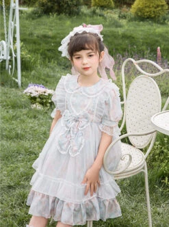 Blue Pink Pleated Lace Mesh Heart Shape Design Pleated Bow Knot Children Lolita Kids Short Sleeve Dress -NAUS Lolita Shop 6 500x672 996
