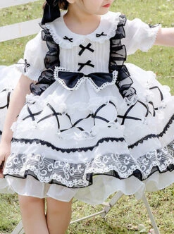 White Musical Note Lace Black Bowknot Children Sweet Lolita Doll Collar Short Sleeve Dress -NAUS Lolita Shop 6 500x672 997