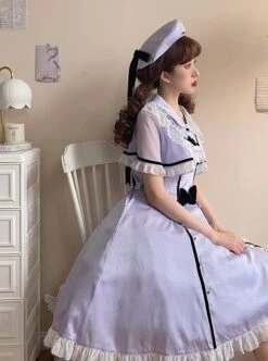 Herringbone Jacquard Polka Dot Chiffon Lace Shawl Sleeve Design Bow Classic Lolita Short Sleeve Dress -NAUS Lolita Shop 7 500x672 110