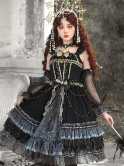 Starry Night Series Organza Palace-Style Jacquard Lace Trim Beaded Decoration Black Sleeveless Classic Lolita Dress Set -NAUS Lolita Shop 7 500x672 121