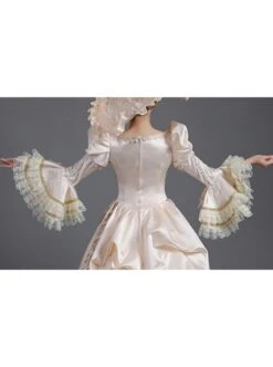 Champagne Square Collar Long Sleeve Lace Bow Shirring Hem Court Prom Lolita Dress -NAUS Lolita Shop 7 500x672 135