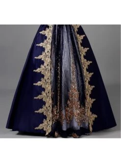 Golden Embroidery Short Sleeves Elegant Blue Long European Style Retro Court Prom Lolita Dress