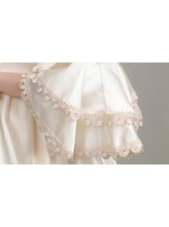 Light Champagne Square Collar Mid-length Trumpet Sleeve Lace Pearls Bow Decoration Simple Elegant Retro Court Style Lolita Prom Dress -NAUS Lolita Shop 7 500x672 151
