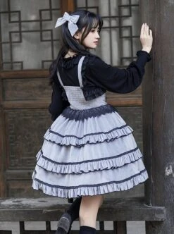 Foggy Moon Series Black Lace Decoration Gray Blue Three-Stage Ruffle Stitching Hem Classic Lolita Sleeveless Dress -NAUS Lolita Shop 7 500x672 180