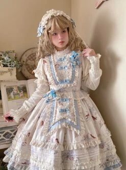 Deer Bell Girls Series Elegant Cute Animal Pattern Printing Lace Bowknot Decoration Ruffle Hem Classic Lolita Short Sleeve Dress OP -NAUS Lolita Shop 7 500x672 181