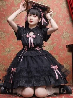 Bow Print Graphic Decoration Small Shawl Chinese Style Buckle Design Pleated Fluffy Lace Hem Classic Lolita Short Sleeve Dress -NAUS Lolita Shop 7 500x672 185