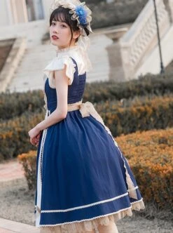 Navy Blue Lace Bow Elegant Color Contrast Vintage JSK Classic Lolita Sleeveless Dress Set -NAUS Lolita Shop 7 500x672 189