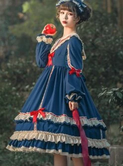 Miss Betty Series Solid Color Daily Spring Autumn Striped V-Neck Red Bow-Knot Decoration Classic Lolita Long-Sleeved Dress -NAUS Lolita Shop 7 500x672 198