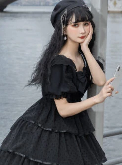 Sicily Series OP Three-section Hem Vintage Elegant Black Chiffon Classic Lolita Short Sleeve Dress -NAUS Lolita Shop 7 500x672 201