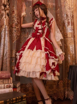 Classic Lolita PleatedLace Trim Layered Pleated Hem Heart Shaped Bow Knots Decoration Sleeveless Dress -NAUS Lolita Shop 7 500x672 206