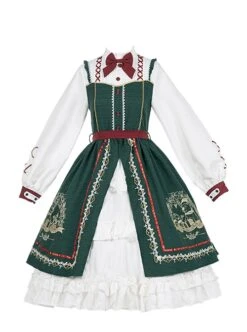 Stand Collar False Two Piece Design Lantern Sleeve Embroidered Lace Hem Dress Plush Hooded Cloak Christmas Classic Lolita Long Sleeve Dress Set -NAUS Lolita Shop 7 500x672 229