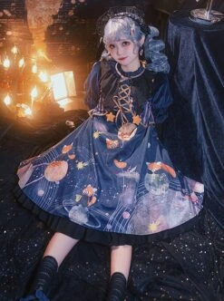 Interstellar Little Bear Series Red Panda Print Stripe Lace-Up Little Star Bowknot Decoration Classic Lolita Long-Sleeved Dress -NAUS Lolita Shop 7 500x672 249
