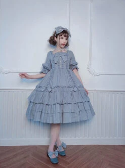 Bowknot High Waist Pure Color Classic Lolita Half Sleeve Dress -NAUS Lolita Shop 7 500x672 25