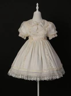 Solid Color Retro Doll Collar Summer Bow Puff Sleeve Lace Hem Classic Lolita Short Sleeve Dress -NAUS Lolita Shop 7 500x672 26