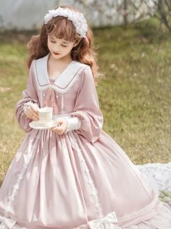 Solid Color Elegant Autumn Gentle Lantern Sleeve Rose Lace Rabbit Ears Classic Lolita Long Sleeve Dress -NAUS Lolita Shop 7 500x672 261