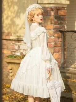 La Traviata Series French Elegant Solid Color Retro Lace Translucent Stand Collar Classic Lolita Long-Sleeved Dress -NAUS Lolita Shop 7 500x672 269