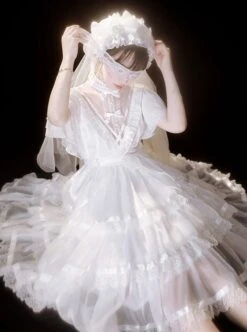 Dawn Banquet Series Elegant Temperament Fairy Three Stages Big Ruffle V Collar Hollow Out Lace Bowknots Classic Lolita Short Sleeves Dress -NAUS Lolita Shop 7 500x672 306