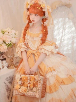 Flower Garden Series OP Apricot Yellow Pastoral Retro Girl Style Delicate Lace Jacquard Trim Classic Lolita Short Sleeve Dress -NAUS Lolita Shop 7 500x672 329