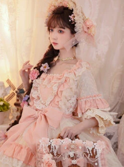 Flower Garden Series OP Pink Pastoral Retro Girl Style Delicate Lace Jacquard Trim Bow Knot Classic Lolita Short Sleeve Dress -NAUS Lolita Shop 7 500x672 330