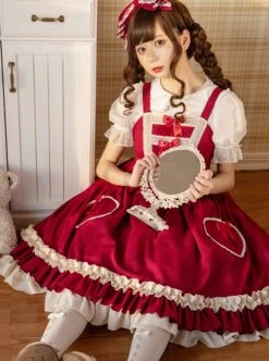 Hawthorn Milk Cover Series Red Cute Daily Lace Bow-Knot Love Heart Decoration Ruffle Hem Classic Lolita Sleeveless Dress -NAUS Lolita Shop 7 500x672 333