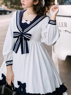 Heart Route Series OP White Sailor Suit V-Neck Design Bow Knots Decoration Long Sleeve Classic Lolita Dress -NAUS Lolita Shop 7 500x672 34