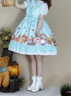 Forest Of Spring Series Cute Animal Pattern Folds Bow Knots Puffed Hem Classic Lolita Sling Dress Set -NAUS Lolita Shop 7 500x672 345