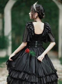Rose Prayer Series Black Elegant French Backless Metal PU Leather Belt Classic Lolita Short Sleeve Dress -NAUS Lolita Shop 7 500x672 347