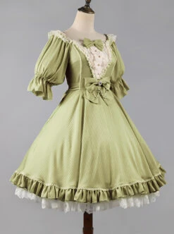 Classic Lolita Solid Color Vertical Pattern Design Pleated Ruffle Neckline Bow Knot Decoration Short Sleeve Dress -NAUS Lolita Shop 7 500x672 349