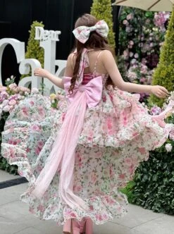 Rose Floral Print Stereoscopic Rose Bowknot Decoration Oversized Bowknot Trailing Design Backless Classic Lolita Sleeveless Dress -NAUS Lolita Shop 7 500x672 350