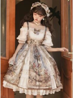 Classic Lolita JSK Jacquard White Lace Pleated Court Vintage Oil Painting Drawstring Metal Buttons Sling Dress -NAUS Lolita Shop 7 500x672 353