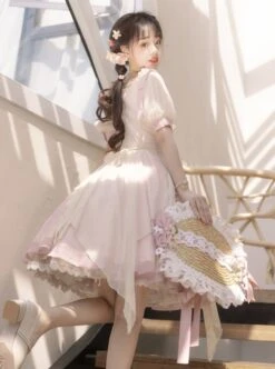 Chinese Style Pink Elegant Square Neck Embroidered Slim Fit Han Element Irregular Hem Classic Lolita Short Sleeve Dress -NAUS Lolita Shop 7 500x672 358