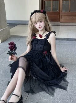 Moon God Dawn Series Irregular Mesh Hem Dark Jacquard Ruffle Slim Fit Rose Classic Lolita Sleeveless Dress -NAUS Lolita Shop 7 500x672 363