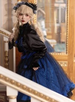 Lonely Laura Series Elegant Mysterious Jacquard Detachable Blue Rose Bowknot Lace Petal Hem Design Gothic Lolita Long Sleeve Dress -NAUS Lolita Shop 7 500x672 370