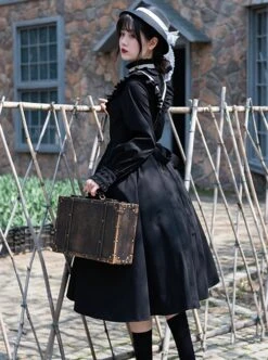 Olivia Series Black Small Stand Collar Ruffles White Round Splice V Shape Line Elegant Large Hem Gothic Lolita Lantern Long Sleeve Dress -NAUS Lolita Shop 7 500x672 376