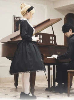 Master Reaper And Black Maid Series OP V-Neck Double Pleated Lace Flower Buttons Gold Rose Embroidery Simple Black Gothic Lolita Long Sleeve Dress -NAUS Lolita Shop 7 500x672 377