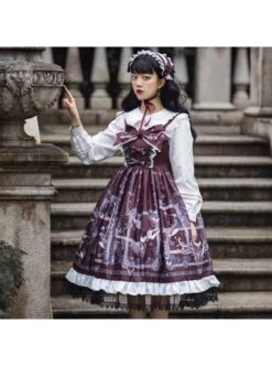 Lost Dreams Series JSK Bowknot Retro Printing Darkness Gothic Lolita Sling Dress -NAUS Lolita Shop 7 500x672 390