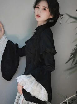 Orchid Pavilion Frosty Moonlit Night Chinese Style Retro Dark Black Witch Sexy Slim Puff Ruffled Sleeves Splice Lace Gothic Lolita Dress Cheongsam -NAUS Lolita Shop 7 500x672 391