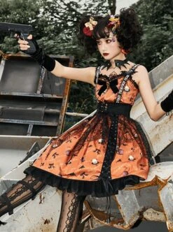 Sweet Cool Girly Halloween Clown Print Spider Web Decoration Lace Gothic Lolita Sleeveless Dress -NAUS Lolita Shop 7 500x672 398