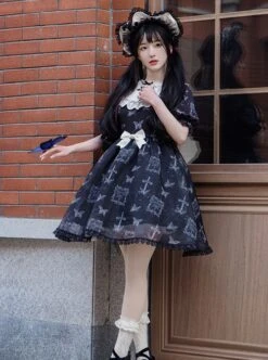 Lace Stitching Round Neck Butterfly Embroidery Cute Puff Sleeve Butterfly Print Daily Simple Gothic Lolita Short Sleeve Dress -NAUS Lolita Shop 7 500x672 402