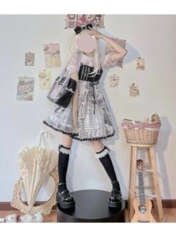 Little Tengu Series JSK Black Printing Tulle Hem Black Cute Punk Street Gothic Lolita Sling Dress -NAUS Lolita Shop 7 500x672 403