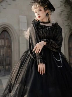 Girl Killer Series Dark Sweet Cool Irregular Halloween Crape Ruffle Bowknots Belt Chain Gothic Lolita Long Sleeves Dress -NAUS Lolita Shop 7 500x672 405