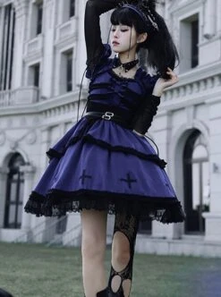 Cycle Series Klein Blue Velvet Halloween Cross Lace Gothic Lolita Short Sleeve Dress -NAUS Lolita Shop 7 500x672 417