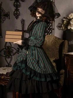 Gothic Style Elegant Retro Stand Collar Stripe Contrasting Color Slim Fit Gothic Lolita Long Sleeve Dress -NAUS Lolita Shop 7 500x672 419