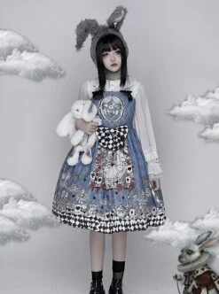 Gothic Style Alice Poker Black-White Plaid Printing Gray Blue Gothic Lolita Sleeveless Dress -NAUS Lolita Shop 7 500x672 427