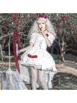 Letters And Poems Gunpowder Series White Pleated Lace Jacquard Drawstring Red Rose Embellishment PU Personalized Girdle Gothic Lolita Dress Set -NAUS Lolita Shop 7 500x672 428