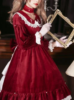 Vintage Velvet Pearl Jacquard Lace Gorgeous Back Slit Bowknot Gothic Lolita Long Sleeve Dress -NAUS Lolita Shop 7 500x672 440