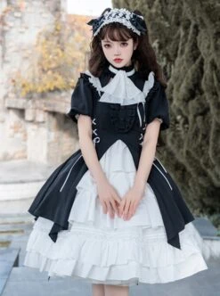 Contract Phantom Night Stone Series Gothic Girl Court Style Black White Detachable Sleeves Gothic Lolita Short-Sleeved Dress -NAUS Lolita Shop 7 500x672 445