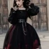 Solid Color Two-Wear Off-The-Shoulder Lantern Sleeve Metal Chain Waistband Irregular Hem Gothic Lolita Long-Sleeved Dress